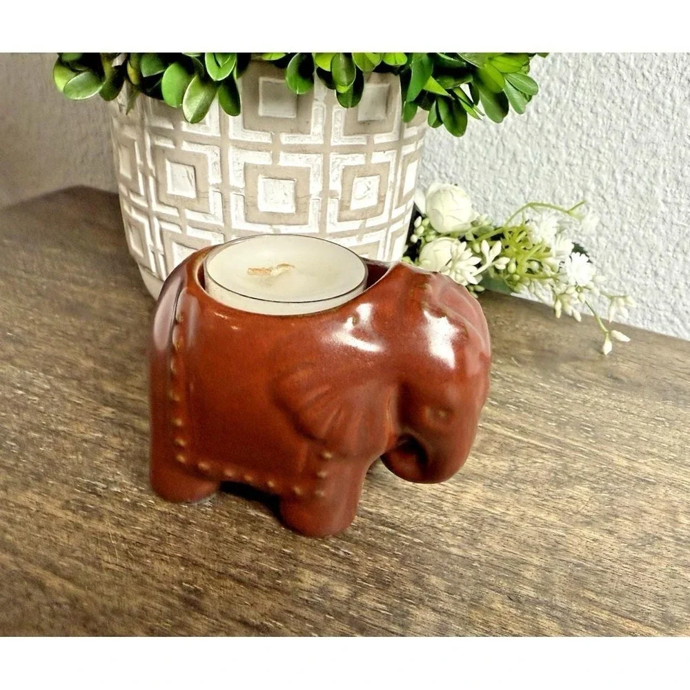 PartyLite Elephant Tealight Candle Holder Ceramic Safari Decor 1990s Brown - Picture 2 of 14